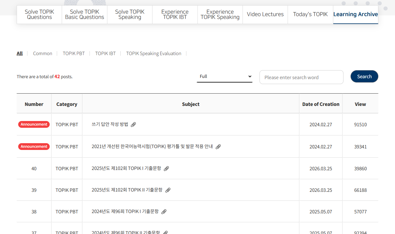 The TOPIK Learning Archive page in English mode, listing 42 posts including the 102nd TOPIK I and II past papers