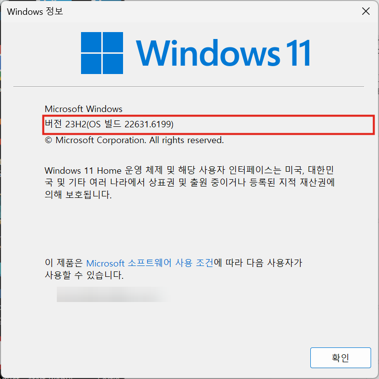 winver 실행 화면. 버전 23H2(OS 빌드 22631.6199)가 표시된다