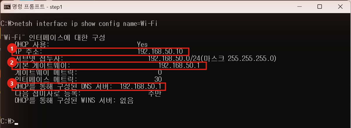 netsh 결과. IP 주소 192.168.50.10, 기본 게이트웨이 192.168.50.1, DNS 서버 192.168.50.1