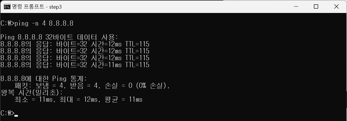 8.8.8.8로 ping. 4번 모두 응답, 평균 11ms