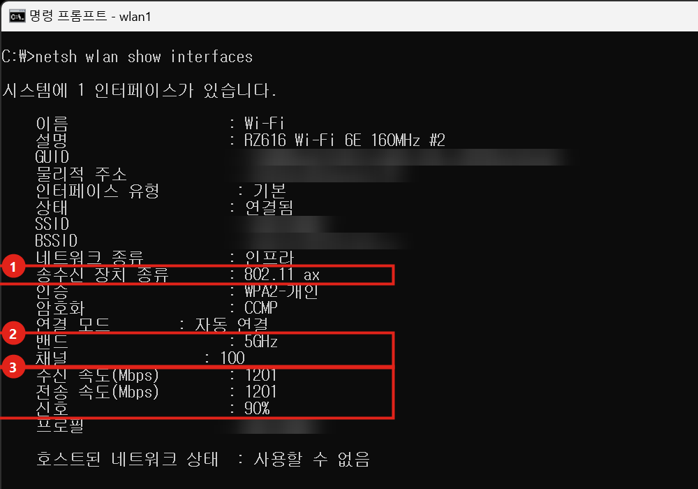 netsh wlan show interfaces 결과. 송수신 장치 종류 802.11ax, 밴드 5GHz, 채널 100, 수신·전송 속도 1201Mbps, 신호 90%